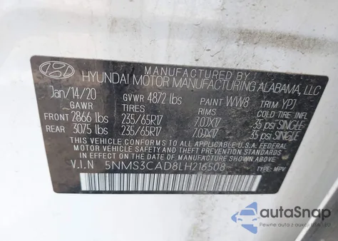 2020 Hyundai Santa Fe Sel from USA, damaged, VIN 5NMS3CAD8LH216508